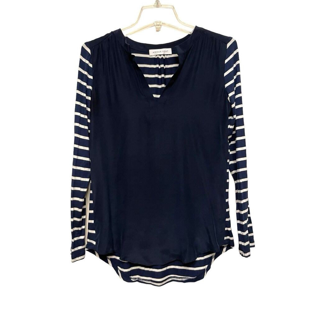 Amour Vert Silk Long Sleeve‎ Top Blouse Size Small/Medium Blue Stripe Jersey